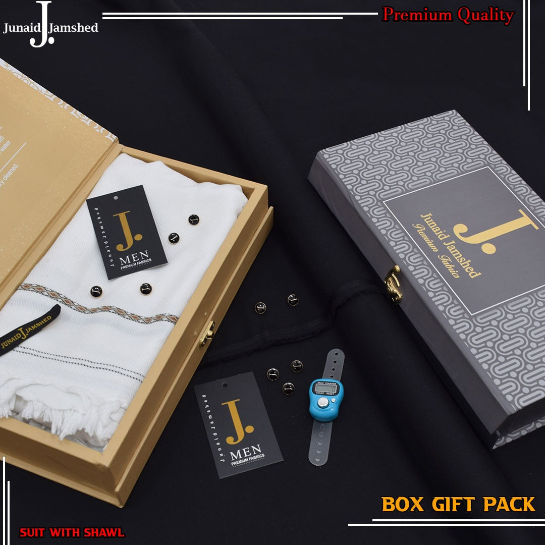 Elite Black--Junaid Jamshed Premium Wash N Wear  Men’s Suit Gift Pack – With  Wool Shawl