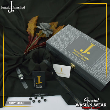 Junaid jamshed  Ramadan Special 2026 Luxary wash n waer Gift packing (ARMY GREEN)12